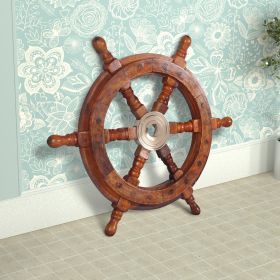 12" Teak Wood Ship Wheel with Brass Inset and Six Spokes; Brown and Gold